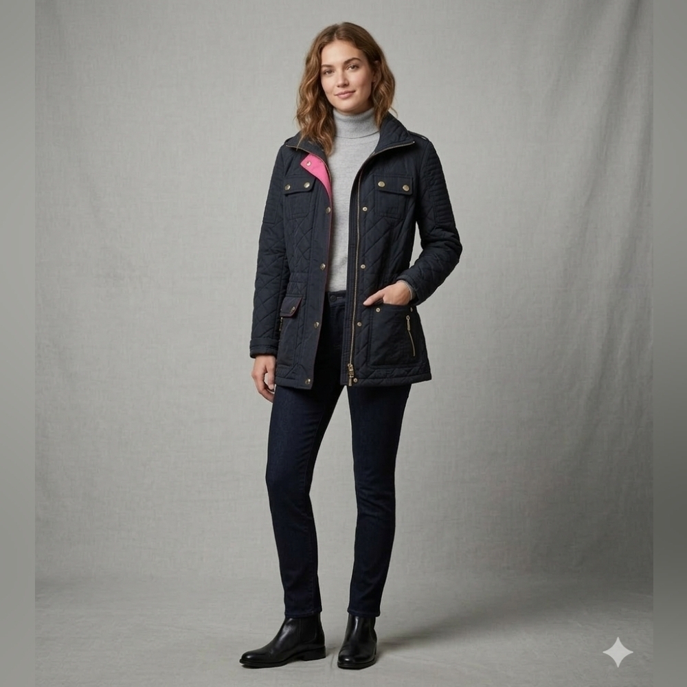 Michael Kors Black Quilted M65 Field Jacket | Pink Trim & Gold Hardware XSP - Picture 2 of 16